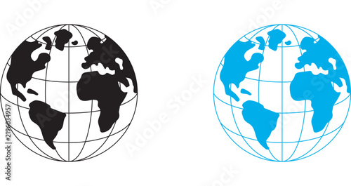 Black and Blue World Globe Icons Set for Global Travel, Business and Design