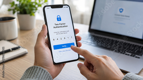 Person activating two factor authentication on a smartphone to protect a digital account with an additional layer of security.