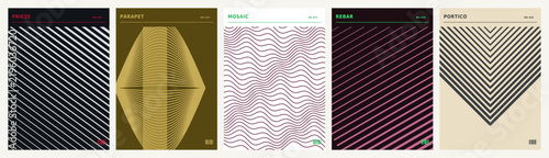 Minimalist pink and gold poster collection, chevron geometry design. Set of 5 Swiss brutalist line art posters. Perfect for poster print and packaging.
