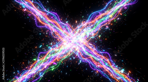 Dynamic convergence of vibrant neon light trails forming an energetic X-shape with sparkling particles on a dark background