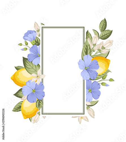 Frame of lemons, blue flax flowers, citrus blossoms and green leaves in an elegant botanical composition. Vintage Mediterranean limoncello label with copy space for branding