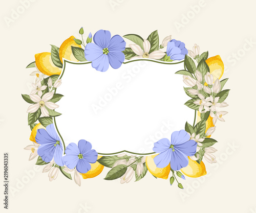 Frame of lemons, blue flax flowers, citrus blossoms and green leaves in an elegant botanical composition. Vintage Mediterranean limoncello label with copy space for branding