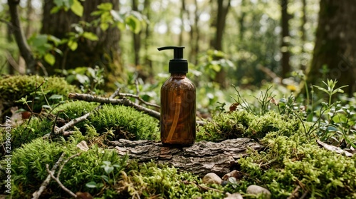Natural Skincare Product Bottle Placed on Mossy Log in Forest Setting.