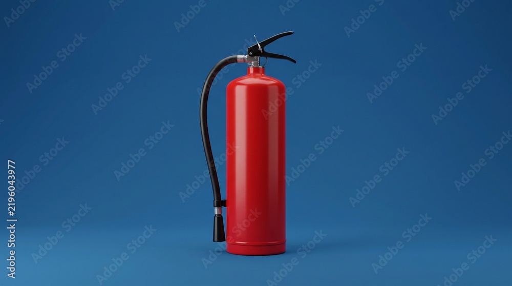Obraz premium Red fire extinguisher on blue background for safety awareness