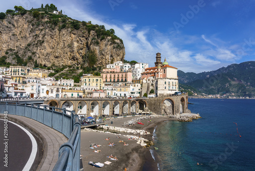 Scenic panorama of Atrani village and beach at Amalfi coast in Italy