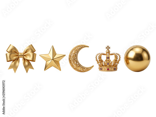 Golden decorative design objects with ornamental ribbon bow star crescent moon crown and sphere elements for premium festive graphic compositions.
