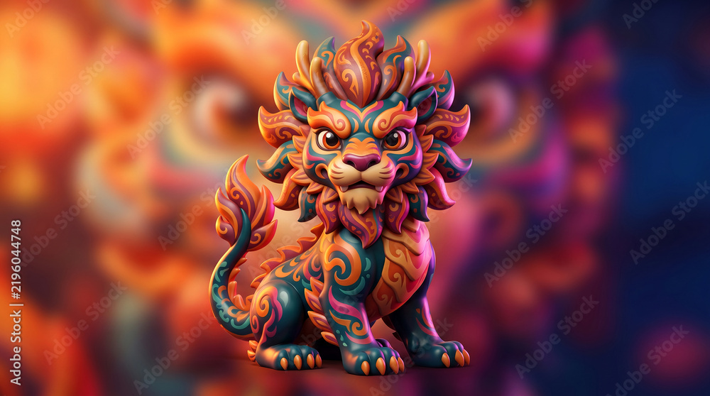 Fototapeta premium Ornate stylized lion creature with vibrant swirling patterns and glowing lights