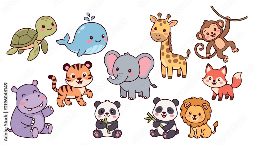 Obraz premium Cute Cartoon Animals Vector Illustration Set Featuring Panda Tiger Elephant Lion and Giraffe for Kids Birthday Patterns Stickers and Nursery Designs