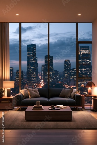 Modern luxury penthouse living room interior with city skyline view night