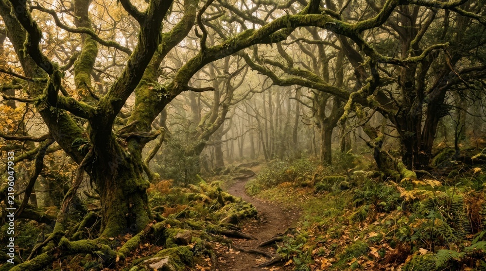 Obraz premium Mystical Forest Path: An ancient, moss-covered forest path winds through gnarled, entwined trees, creating an enchanting and mysterious atmosphere in the soft, diffused light.