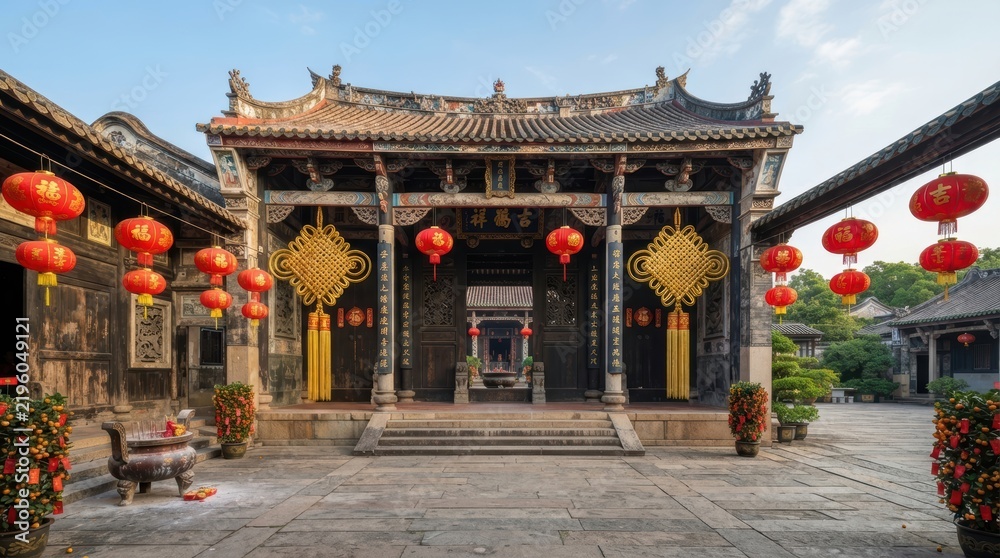 Fototapeta premium Ancient Chinese Courtyard Temple: A traditional courtyard temple adorned with vibrant red lanterns and ornate golden decorations.