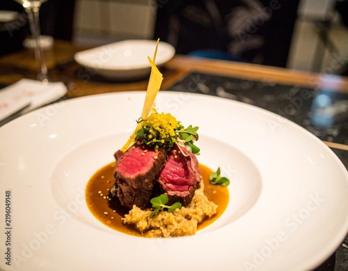 Wagyu steak Japanese style luxury restaurant plating 