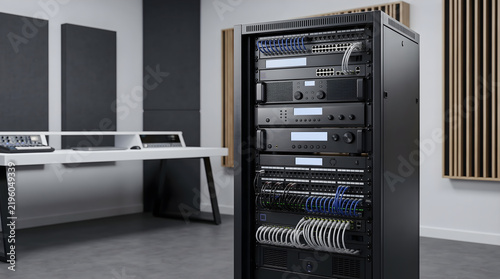 A fully wired av rack installed in a professional audio recording studio with network switches and amplifiers.