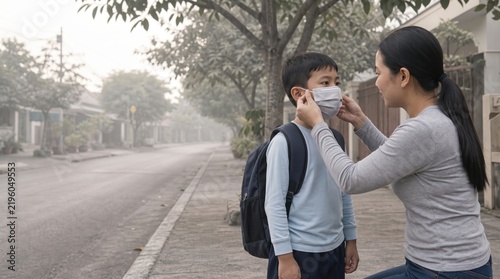 Adult Adjusting Protective Face Mask on Child Outdoors