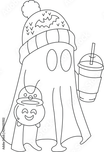 Cute ghost wearing winter hat holding coffee cup and cauldron halloween coloring page outline