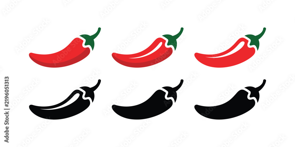 Obraz premium Spicy Chili Pepper Icons Featuring Red and Black Silhouette Designs with Stems for Culinary Food Graphics, Restaurant Menus, Food Packaging, Labels and Kitchen Branding