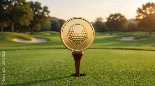 Elegant gold coin on golf tee, symbolizing success on a pristine green course