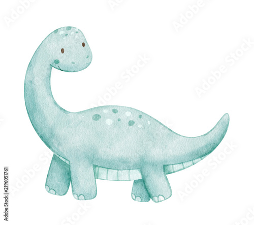 Cute cartoon blue dinosaur with long neck, watercolour isolated illustration for kids. Adorable dino character for nursery decor