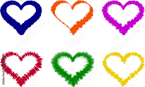 Set of six colorful handdrawn heart shapes isolated on white background