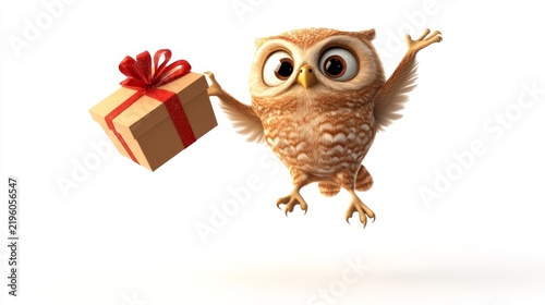 Cute cartoon owl holding gift box celebrating special occasion isolated on white background for festive greetings or digital art