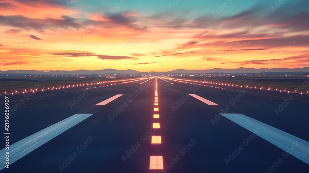 Obraz premium Empty airport runway at dramatic sunset with glowing navigation lights and horizon landscape view