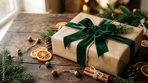 Christmas gift box wrapped in brown paper with a green velvet bow on a wooden table