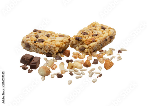 Granola bar broken with nuts chocolate and seeds