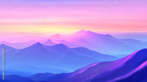 Stunning mountain range landscape featuring vibrant pink purple sunset sky over misty peaks for scenic background wallpaper design