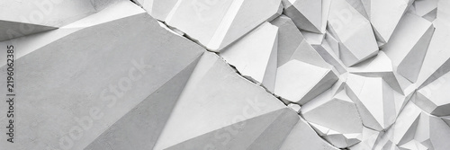 Geometric white 3D wall texture with sharp triangular facets. Abstract architectural background featuring low poly concrete relief. Modern minimalist interior design surface pattern.