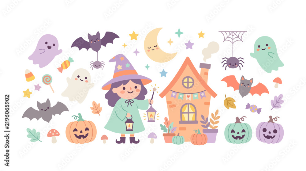 Fototapeta premium Halloween character collection with witch girl ghosts and house.