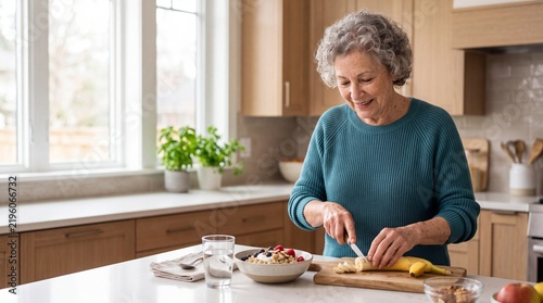 Older woman preparing a healthy fruit breakfast in a bright kitchen