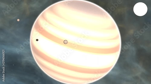 Watching moon entering left limb, orbiting gas giant, casting shadow, textured moon, white overlay