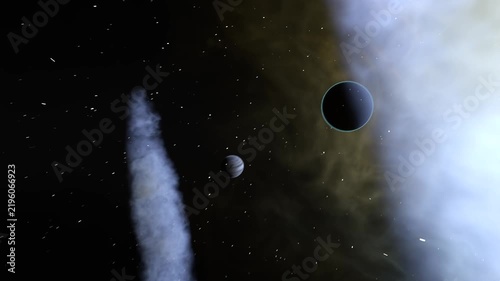 Panning view showing gas giant nearing during flyby in outer system with blue jets, banded planet