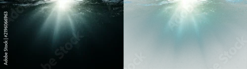 Panel kuchenny z motywem Sunlight rays illuminating deep dark ocean water from surface. Underwater light beam overlay with transparent alpha channel