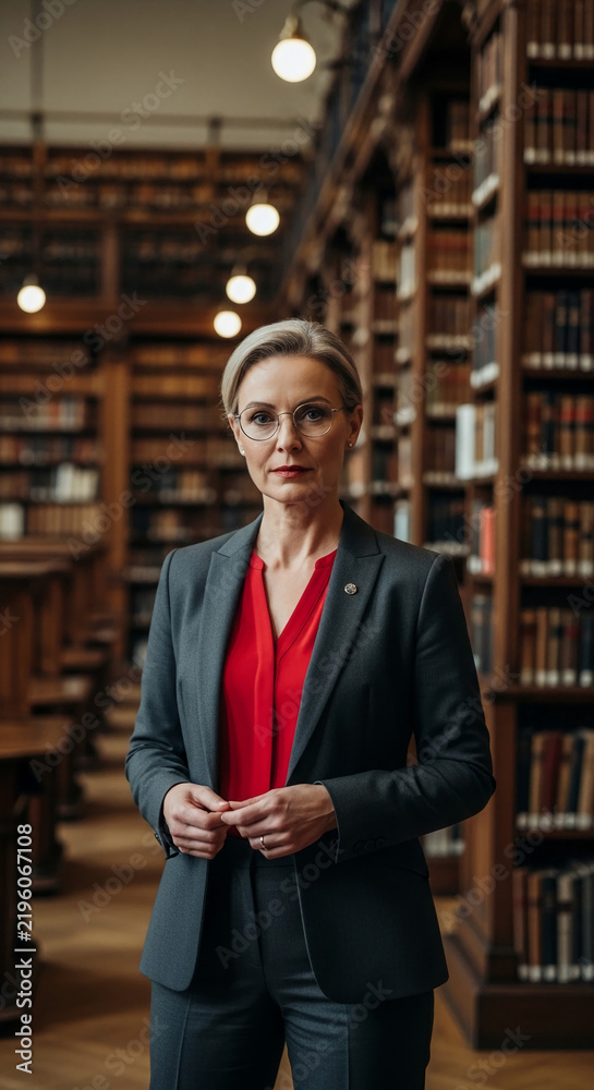 Fototapeta premium Professional woman in suit and glasses stands in a library, representing knowledge, education, and expertise.
