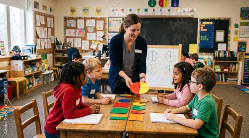 Elementary Teacher Teaching Fractions to Diverse Group of Children