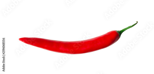 Konstfotografi Whole ripe red chili pepper with slender curved shape and green stem isolated on transparent background