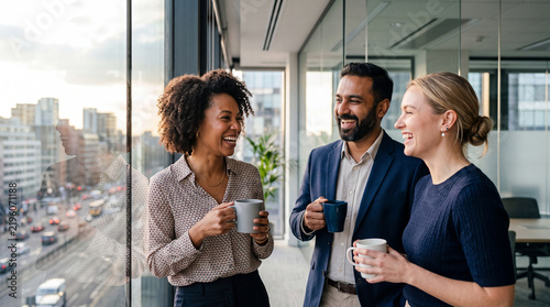 Three diverse business colleagues talking and drinking coffee in a modern office with city view