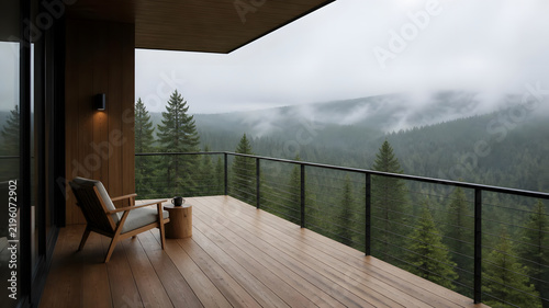 Modern Wooden Balcony Overlooking Misty Pine Forest