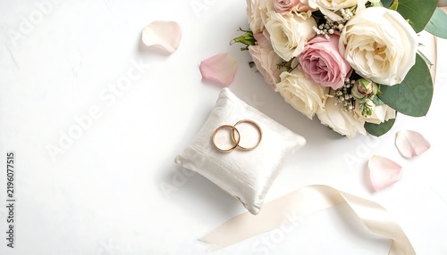 Two gold wedding rings on white satin cushion with bridal bouquet of roses on white background. Top view flat lay with copy space for invitation card.
