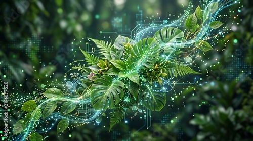 Green leaves with glowing technology light trails