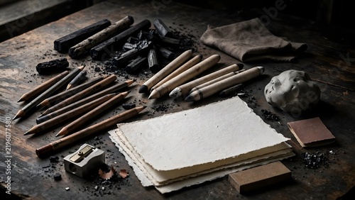 Traditional drawing materials create a simple workspace for sketching and visual expression