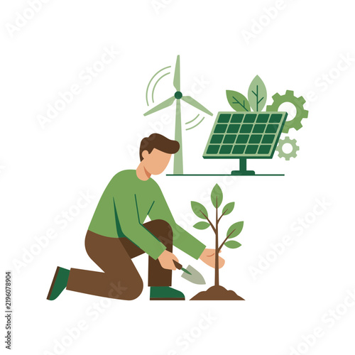Man Planting Tree With Solar Panel And Wind Turbine Concept