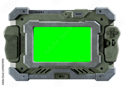Futuristic military sci fi tablet display with a green chroma key screen and side controls, isolated on a white background.