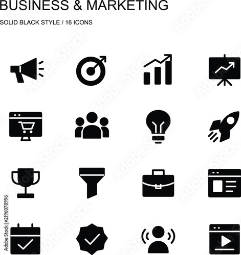 Business and Marketing Solid Black Icon Set