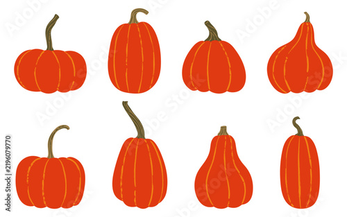 Set of hand drawn orange pumpkins in different shapes and sizes, featuring warm autumn colors, textured brush details and simple organic forms, isolated on white for seasonal design and decoration.