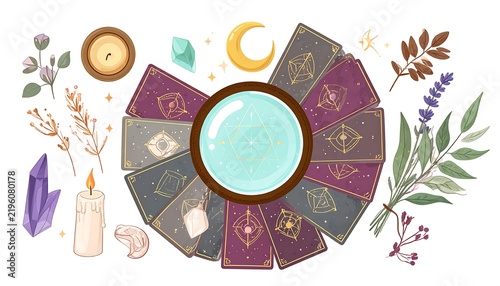 Mystical Divination Flat Lay Concept with Tarot Cards, Scrying Crystal Ball, Candles, Gemstones, and Herbs Illustration