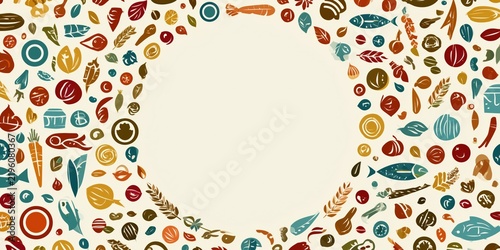 Colorful illustrated food border with a cream center for menu design.