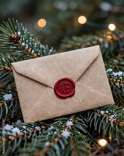 Kraft paper envelope with Chinese character wax seal on christmas tree