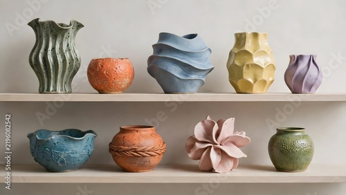 Colorful ceramic forms create a sophisticated contemporary art display